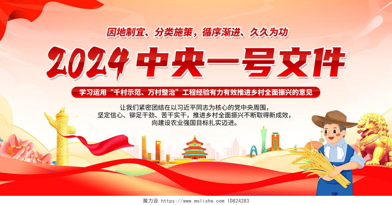 红色简约2024中央一号文件千村示范万村整治展板宣传